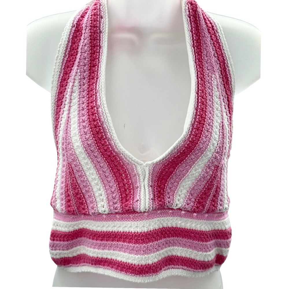 Hollister Crochet Halter Top Large Pink White Striped Y2K Boho Crop Festival